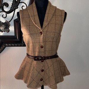 Ralph Lauren Women’s Tan 100% Lambs Wool Plaid Cardigan Vest Peplum Hem PL